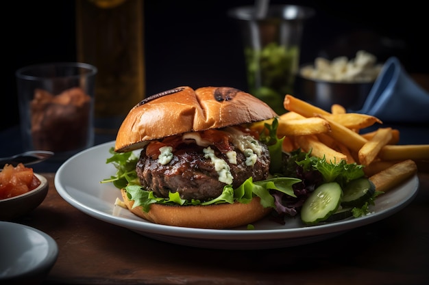 Ein Burger mit einem Bier im Hintergrund