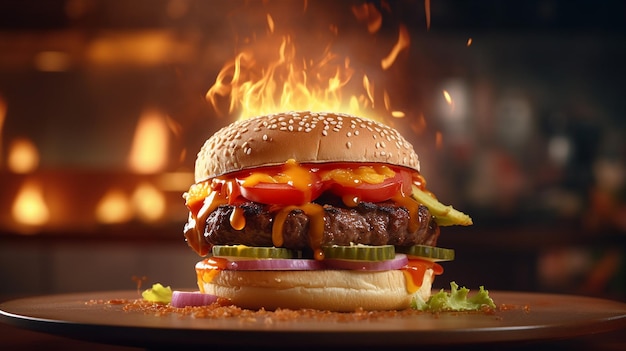 Ein Burger mit einem Feuer darauf