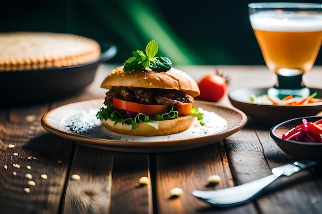 Ein Burger mit einem Glas Bier auf dem Tisch