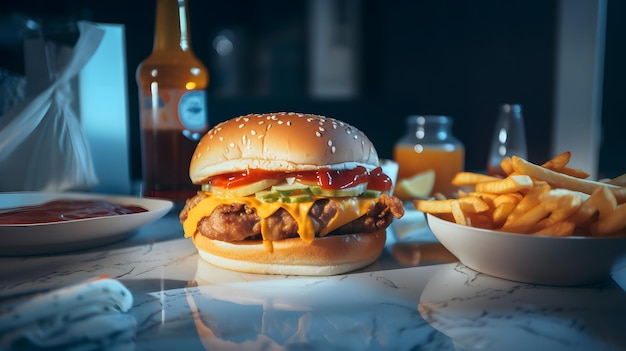 Ein Burger mit einer Flasche Ketchup daneben