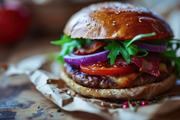 Ein Burger mit Gemüse und Fleisch