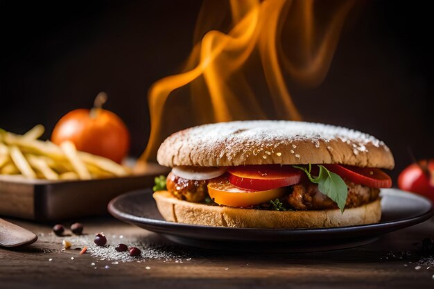 ein Burger mit Gemüse und Obst auf einem Teller.