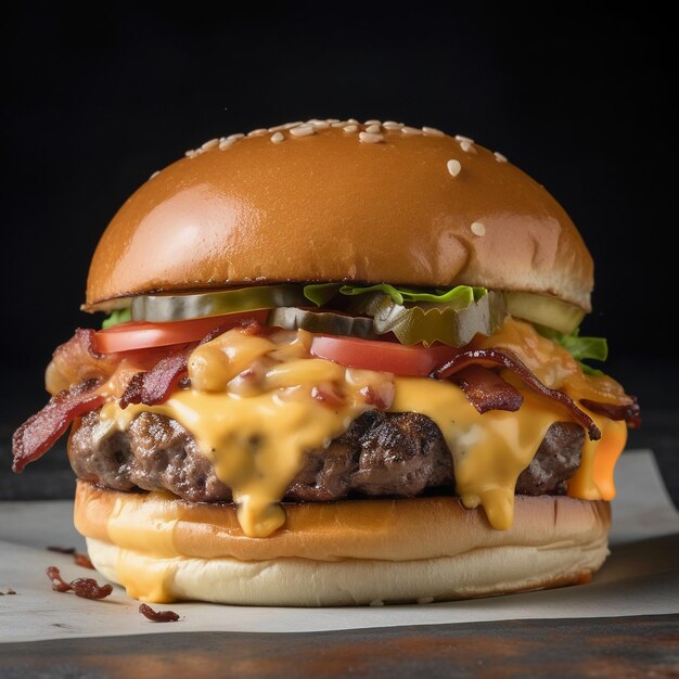 Ein Burger mit Käse und Tomatensauce drauf