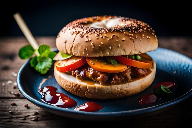 ein Burger mit Ketchup und Ketchup auf einem Teller