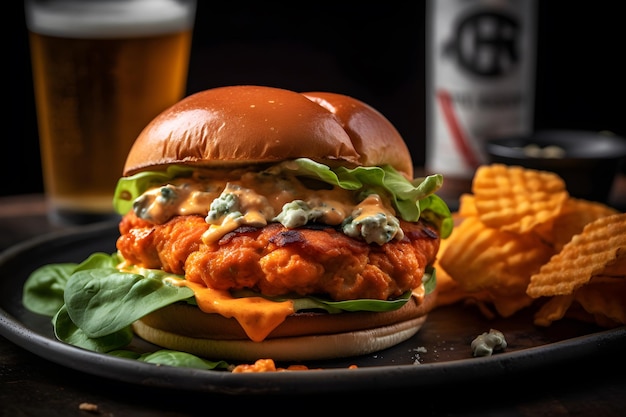 Ein Burger mit Pommes als Beilage und einer Flasche B'o'hare