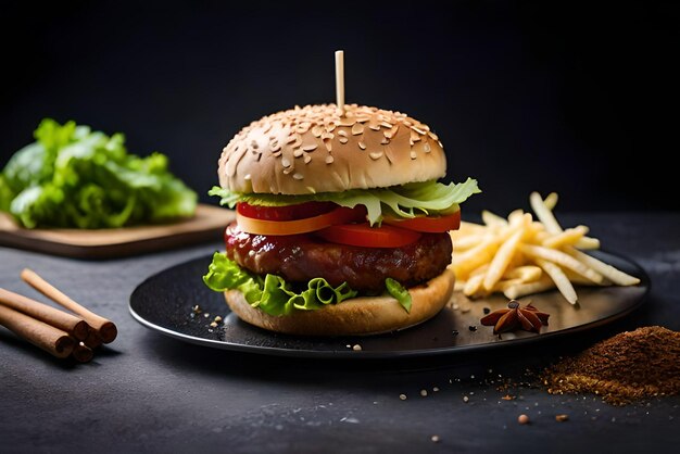 Foto ein burger mit pommes auf einem teller