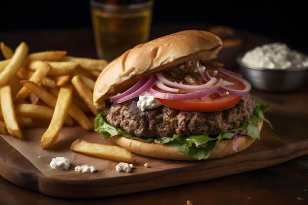 Ein Burger mit Pommes und einem Glas Bier