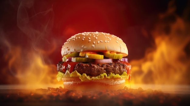 Ein Burger mit rotem Hintergrund und einem Feuer dahinter