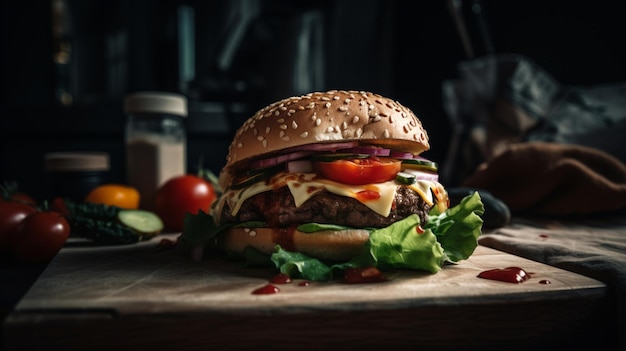 Ein Burger mit Salat, Tomate und Käse drauf