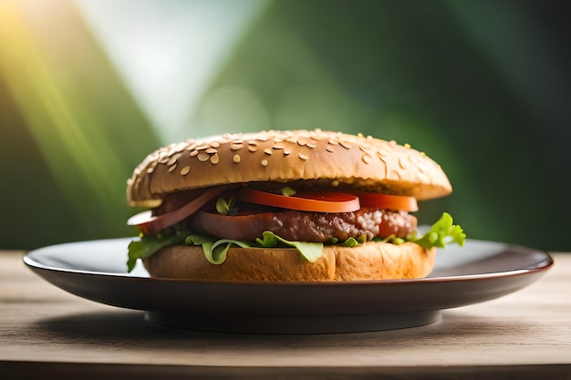 Ein Burger mit Salat, Tomate und Salat auf einem Teller.