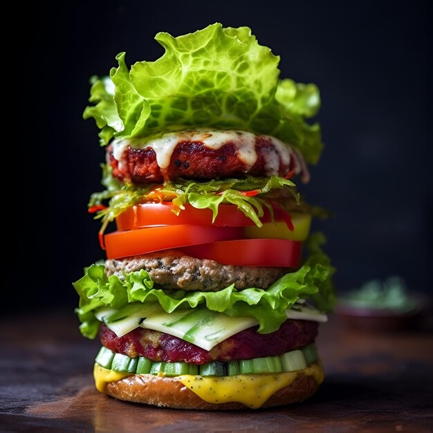 Ein Burger mit Salat, Tomaten, Gurken und Salat darauf