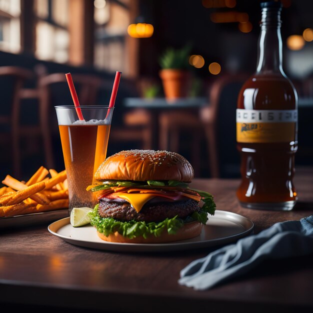 Ein Burger mit Salat, Tomaten, Käse und Zwiebeln auf einem Tisch mit einem Glas Bier