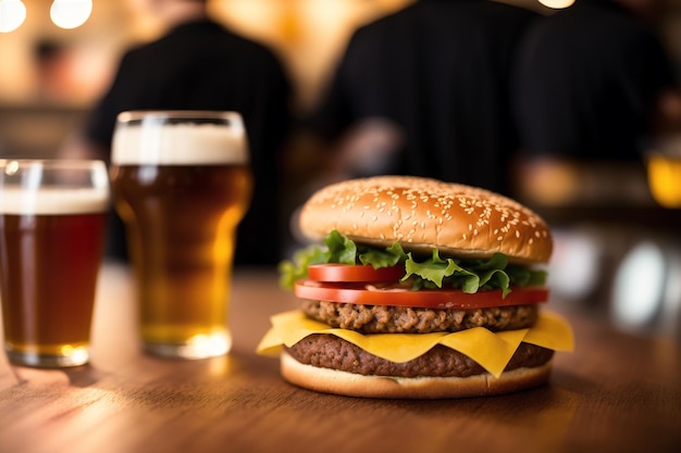 Ein Burger sitzt auf einem Tisch neben einem Glas Bier.