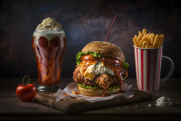 Ein Burger und ein Glas Bier stehen auf einem Tisch.