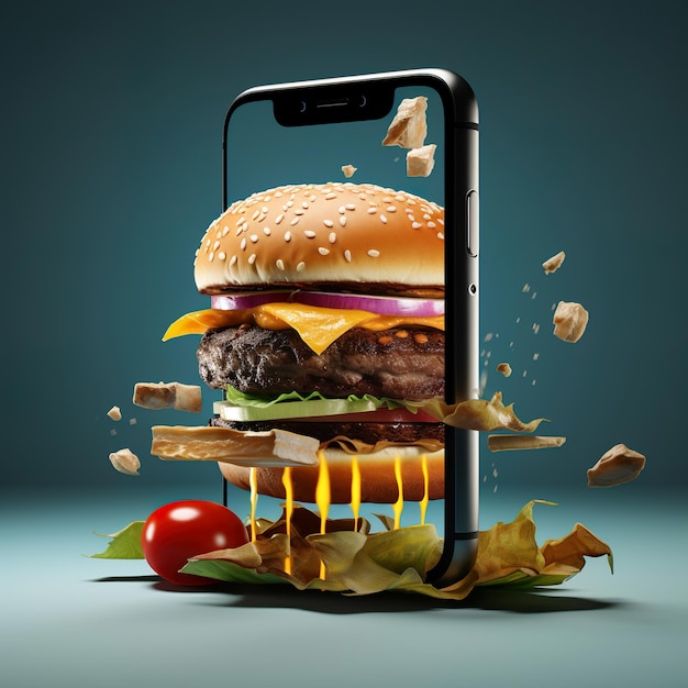 Ein Burger und ein Handy Marketingkonzept Generative Ai