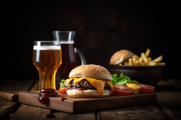 Ein Burger und zwei Gläser Bier auf einem Holztisch, KI-generiert