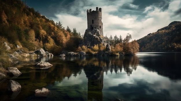 Ein Burgturm an einem See mit einem bewölkten Himmel im Hintergrund