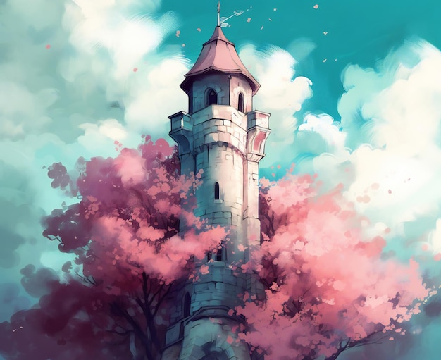 Ein Burgturm mit einer rosa Blume im Vordergrund.