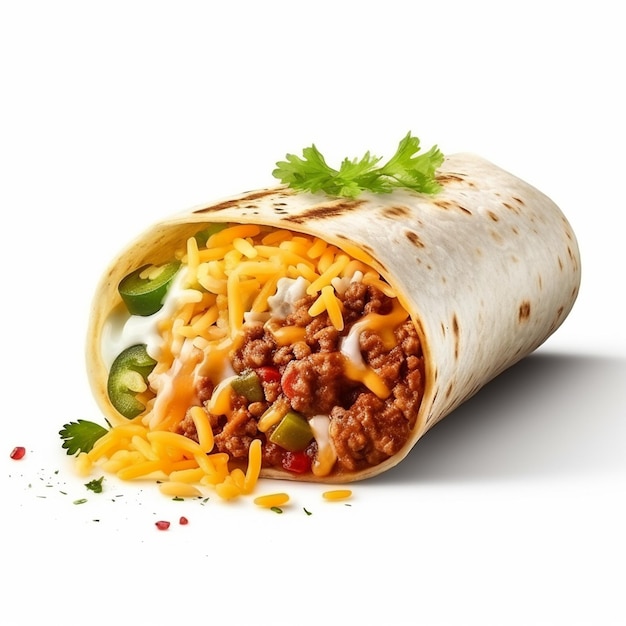 Ein Burrito mit einem Schnitt in zwei Hälften und einem Haufen Käse als Beilage.