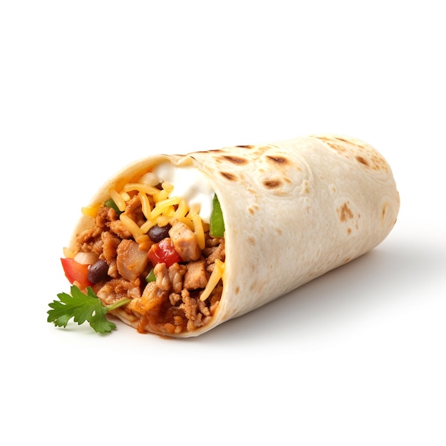 Ein Burrito mit einem Taco darauf und einem weißen Hintergrund.