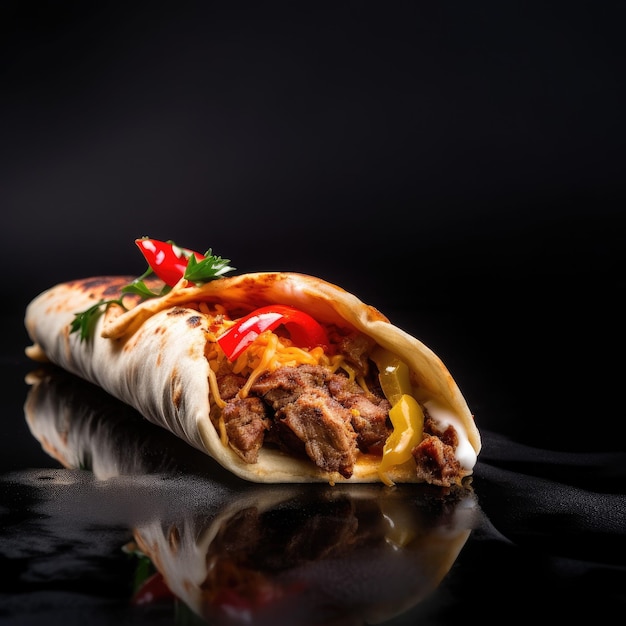 Ein Burrito mit Fleisch und Gemüse darauf