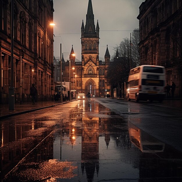 Ein Bus fährt die Straße vor einer Kirche entlang.