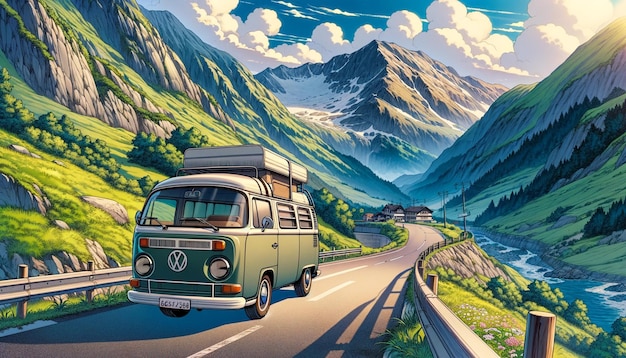 ein Bus fährt eine Straße mit Bergen im Hintergrund hinunter