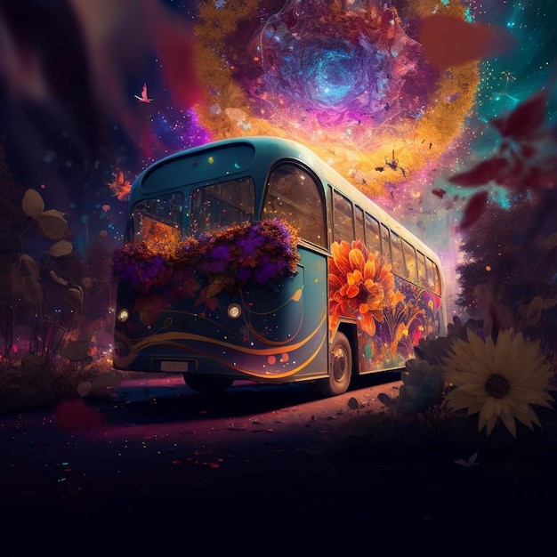 Ein Bus mit Blumen auf der Vorderseite und einem bunten Himmel im Hintergrund.