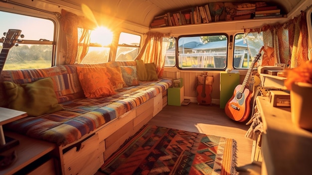 Ein Bus mit einer Gitarre vorne und einer Couch mit einer Gitarre hinten.
