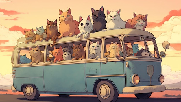 Ein Bus mit Katzen oben drauf