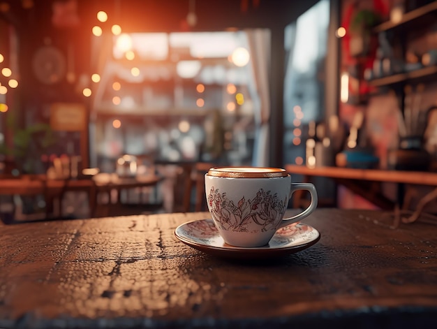 Ein Café mit einem großen Fenster und einem Tisch mit Kaffeetasse