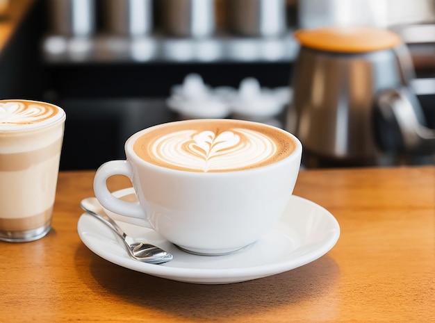 Ein Café mit einem Latte auf der Theke und einer köstlichen Kaffeetasse