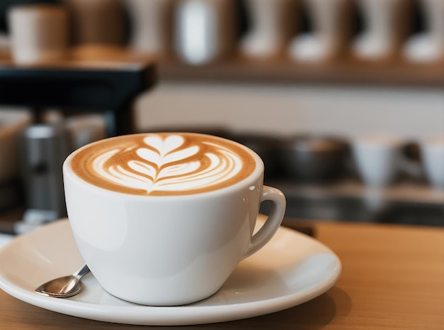 Ein Café mit einem Latte auf der Theke und einer köstlichen Kaffeetasse