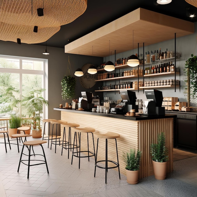 Ein Café mit großem Fenster und einer Bar mit Hockern und einem Schild mit der Aufschrift „Kaffee“.