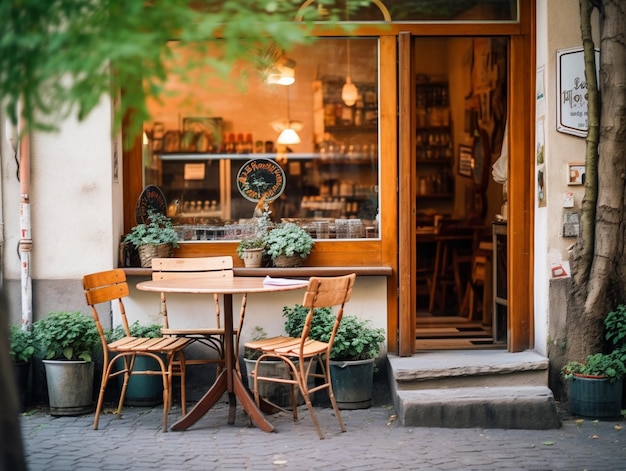 Foto ein café mit tisch und stühlen davor