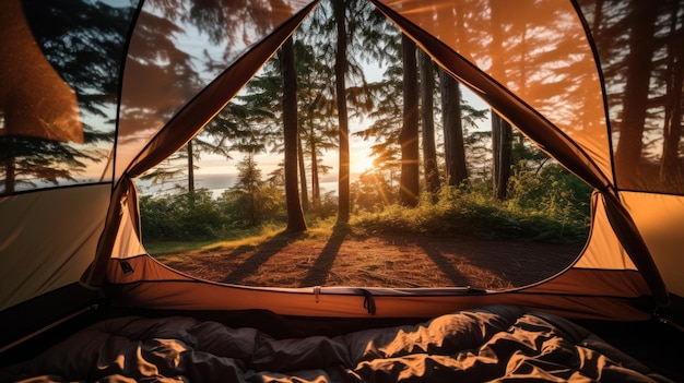 Foto ein campingzelt an einem naturwanderplatz mit blick aus dem inneren des zeltes