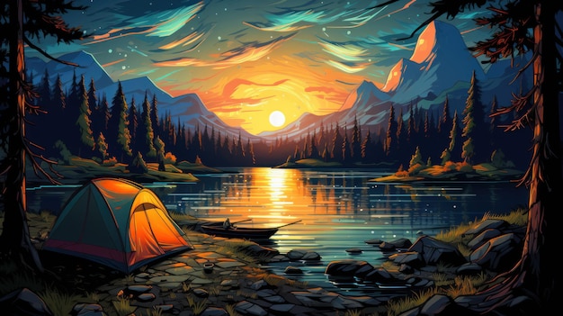 Ein Campingzelt an einem Naturwanderplatz zum Entspannen während einer Wanderung in den Bergen am Flussufer des Sees