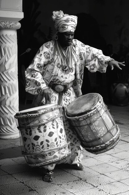 Ein Candombl-Praktizierender in zeremonieller Kleidung führt ein Tanzritual im Rhythmus traditioneller Trommeln durch