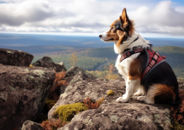 Ein Cardigan Welsh Corgi beobachtet Wildtiere während einer Wanderung in der Wildnis