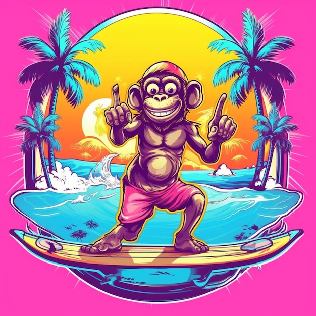 Ein Cartoon-Affe, der auf einem Surfbrett an einem Strand mit Palmen reitet, generative KI