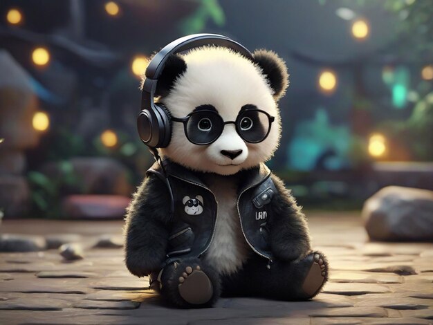 ein Cartoon-Baby-Panda trägt eine schwarze Lederjacke