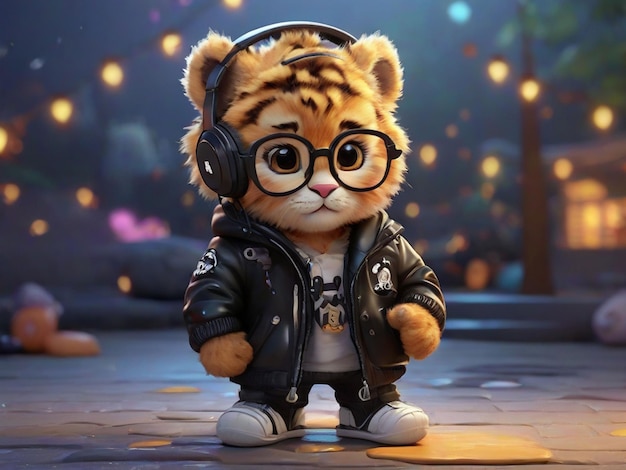 ein Cartoon-Baby-Tiger trägt eine schwarze Lederjacke