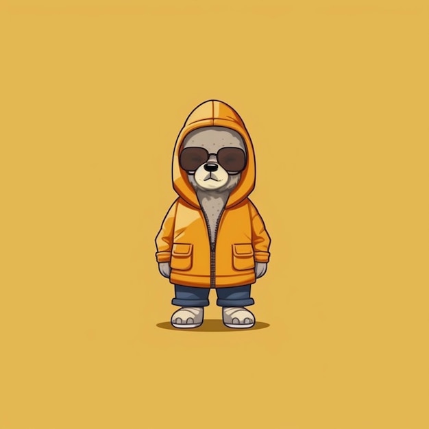 ein Cartoon-Bär mit Sonnenbrille und gelber Jacke, generative KI