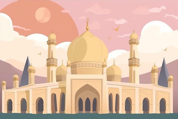 Ein Cartoon-Bild einer Moschee mit einem bewölkten Himmel im Hintergrund