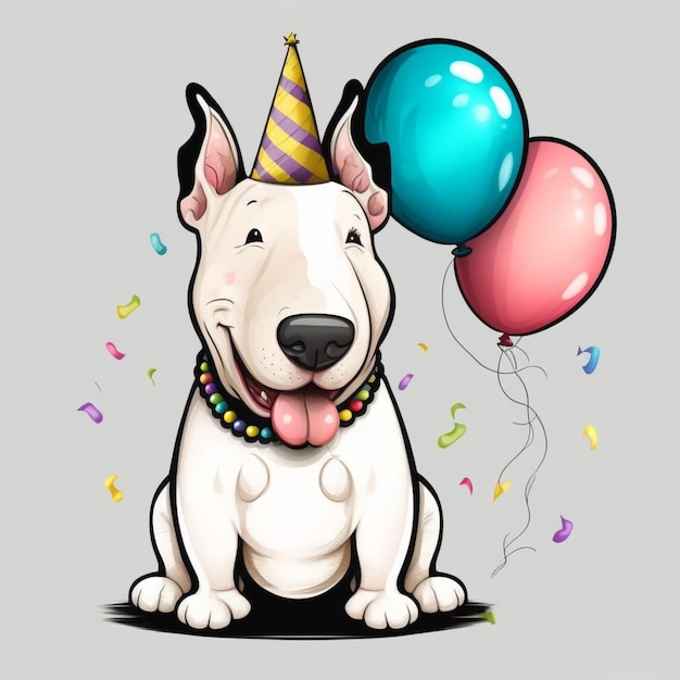 Ein Cartoon-Bullterrier mit Partyhut und Luftballons.