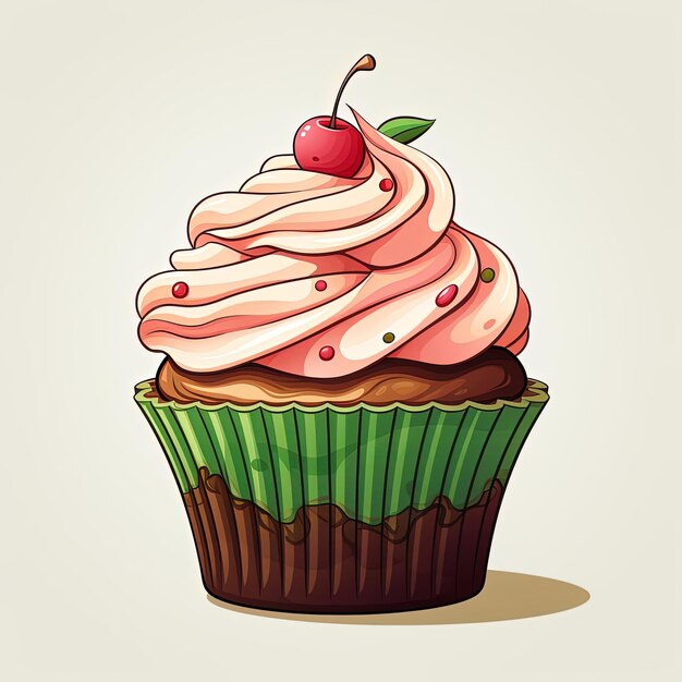 ein Cartoon-Cupcake auf weißem Hintergrund im Stil von hellrosa und dunkelgrün