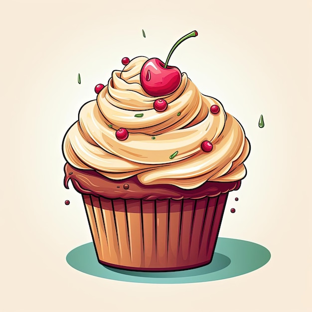 ein Cartoon-Cupcake auf weißem Hintergrund im Stil von hellrosa und dunkelgrün