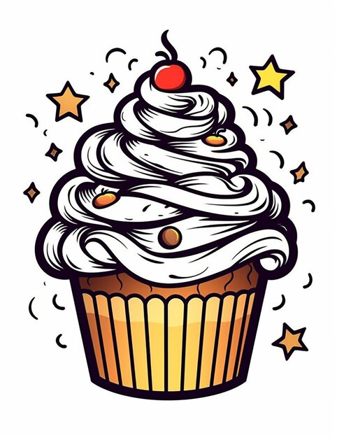 ein Cartoon-Cupcake mit einer Kirsche oben und Sternen um ihn herum generative ai