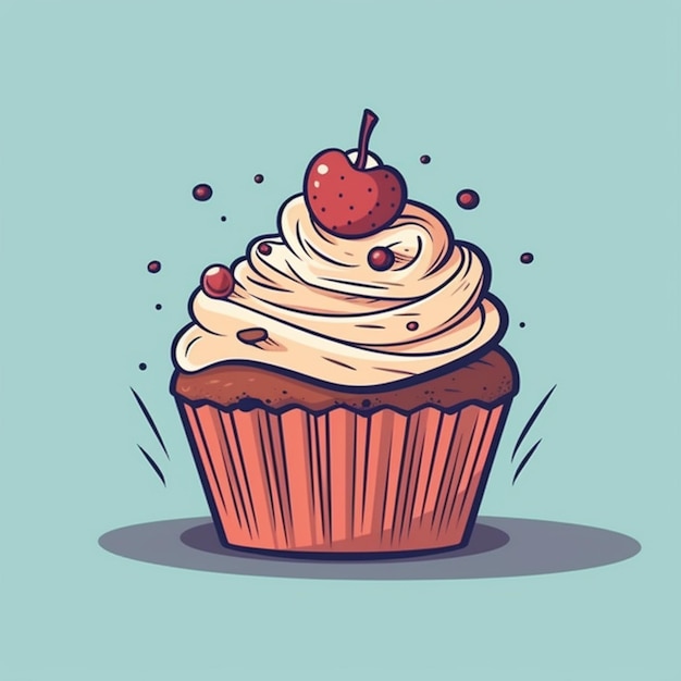 Ein Cartoon-Cupcake mit Sahne und Kirschen auf der Oberseite generative ai