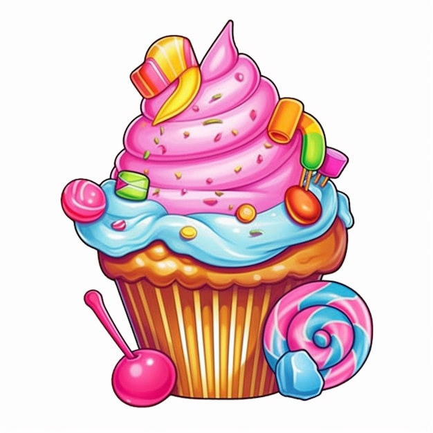 Foto ein cartoon-cupcake mit viel süßigkeiten und süßigkeiten generative ai